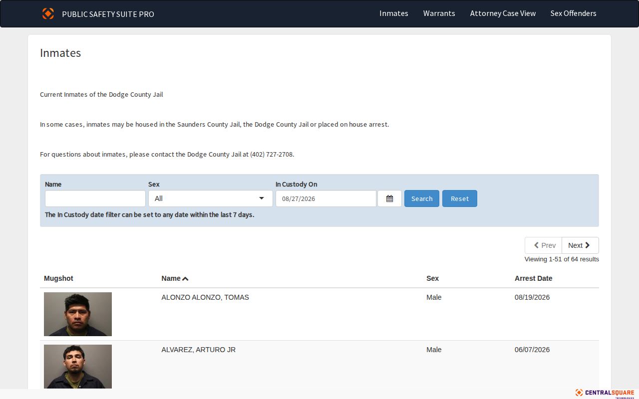 Dodge County current custody and booking roster interface