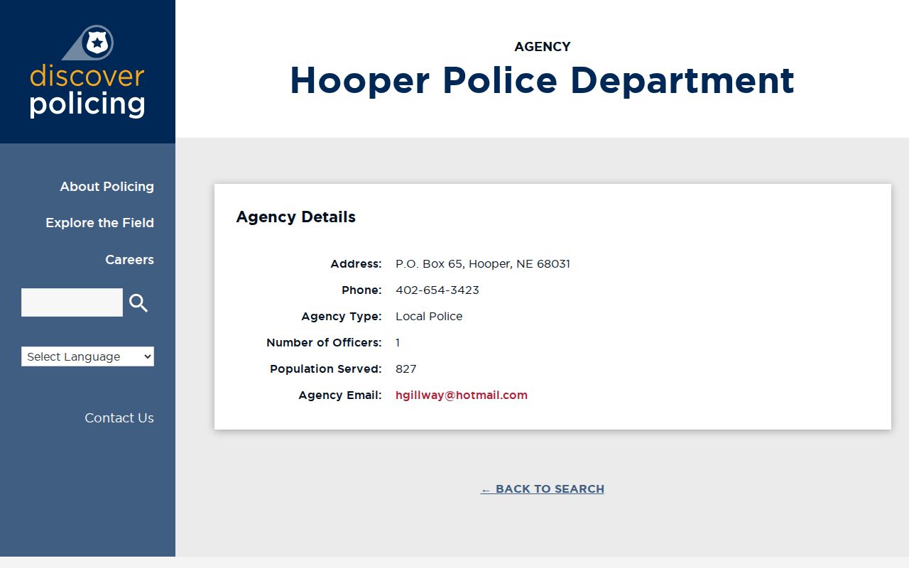 Hooper Police contact listing for Dodge County arrest-record routing